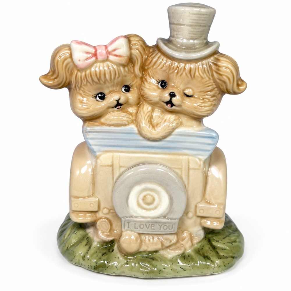 Vintage Ceramic Puppies in Car Figurine I Love You Top Hat Pink Bow Tan Blue